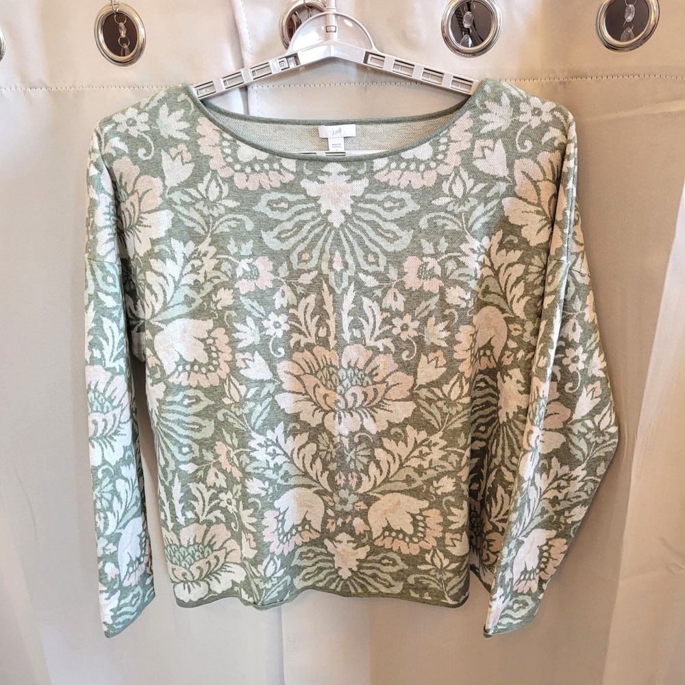 J Jill Oversized Sweater Large Floral Damask Cotton Knit Botanical Boho 21759